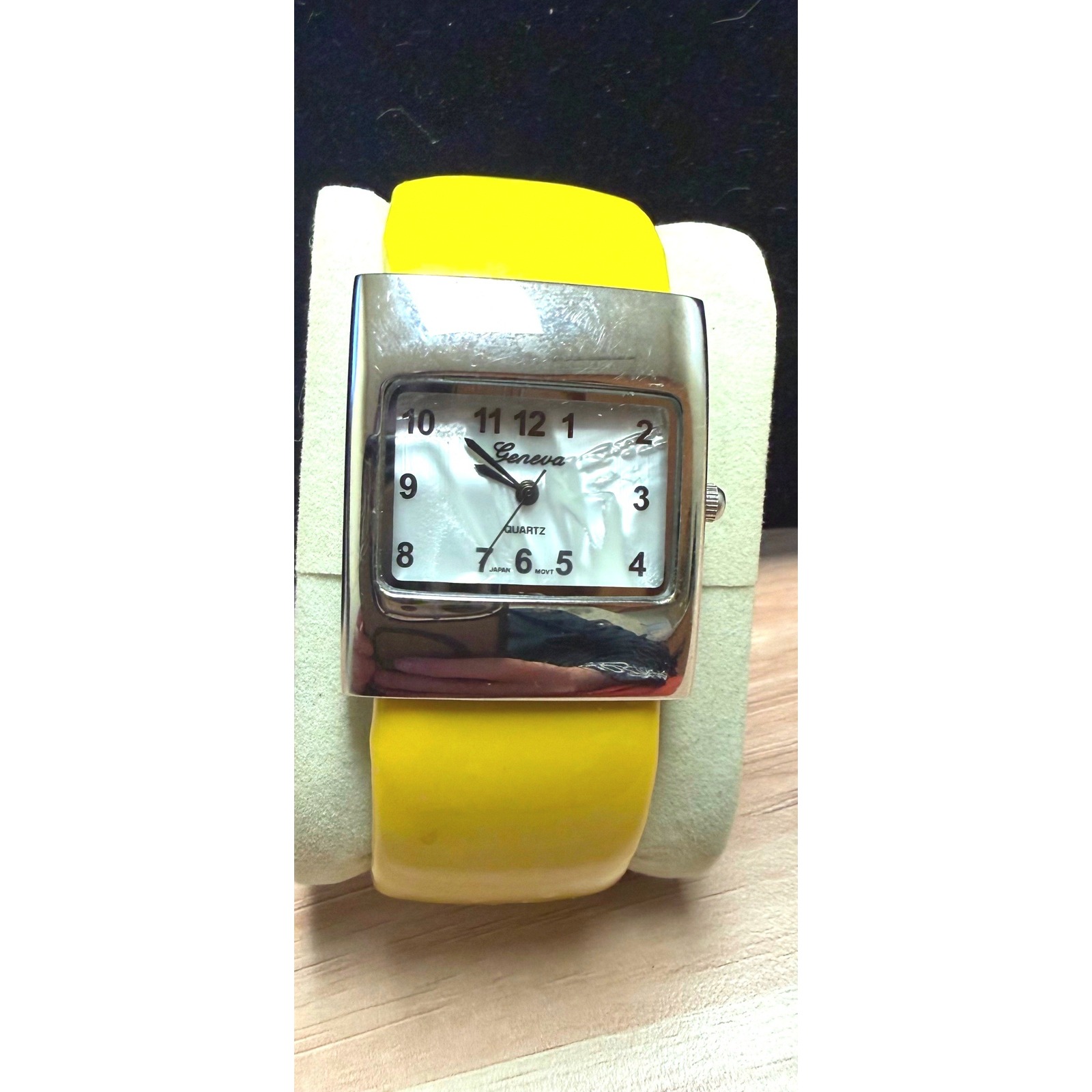 Geneva Yellow Cuff Watch Silver Tone Rectangular Case Mother Of Pearl Dial Works
